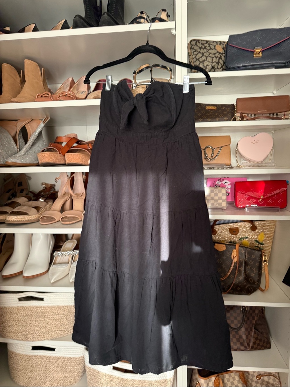 Universal Thread Black Strapless Tiered Midi Dress with Bow